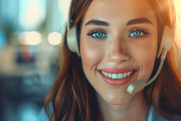 A close-up portrait of a smiling woman in a call center, wearing a headset, engaging in B2B service, while talking on the phone and looking at the camera