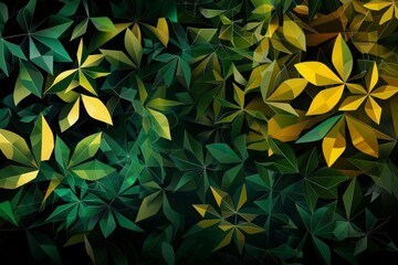 Geometric abstract pattern of green and yellow leaves, illustrating a modern and vibrant botanical design. Concept of nature, creativity, and contemporary art.
