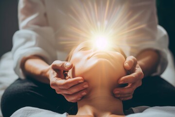 A person is sitting in a chair, with their hands placed on the back of their head, A holistic healer performing reiki on a patient, AI Generated - obrazy, fototapety, plakaty