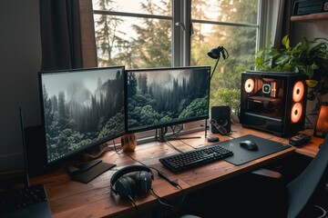 A computer desk featuring two monitors and a keyboard placed on top, ready for efficient and productive work, A home office setup including noise-cancelling headphones, AI Generated - obrazy, fototapety, plakaty