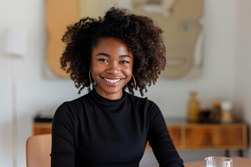A portrait of an African American woman at her desk, smiling warmly, with soft natural light accentuating her features and creating gentle shadows, radiating confidence and warmth