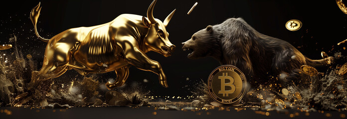 3D illustration of a golden bull and bear fighting around a bitcoin logo on a black background