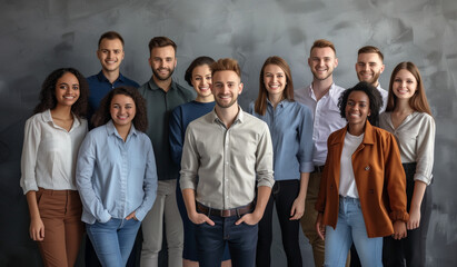 A smiling young businessman stands at the center of his diverse team, all wearing casual attire, posing for a photo against a gray wall background with copy space