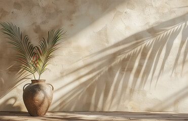 A 3D rendering of a beige wall background with a wooden floor, adorned with a vase on the left side and a palm leaf shadow
