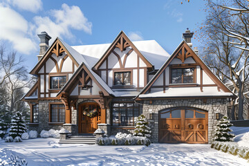 A breathtaking winter scene: a majestic two-story home with wood trim, an oak garage door, and...
