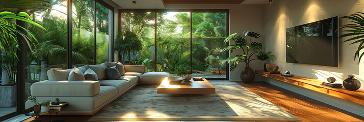 A photorealistic haven: a modern living room with white walls, a comfortable sofa, and natural light streaming through a large window. Lush plants add a touch of freshness to the serene space