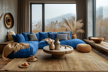 Scandinavian style living room interior with a blue sofa, a wooden coffee table and a beige knitted puf in front of the window - obrazy, fototapety, plakaty