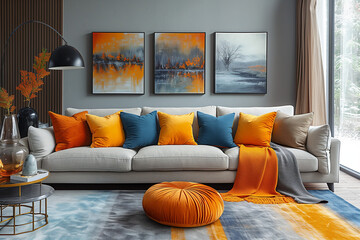 a modern interior design, a gray and blue living room with yellow accents. A sofa with colorful pillows and a blanket near a coffee table with glass vases on it