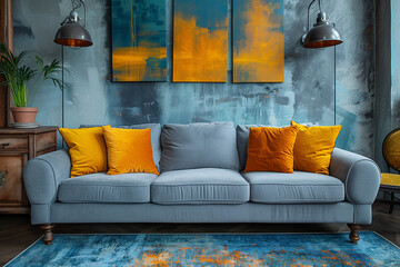 Modern living room interior with a grey sofa and yellow pillows, a coffee table and paintings on the wall, with a grey, blue and turquoise color scheme