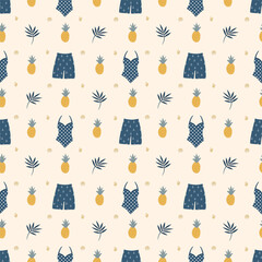 Summer pattern. Seamless template with blue swimsuits, pineapples, shells, tropical leaves. Vector illustration on beige background