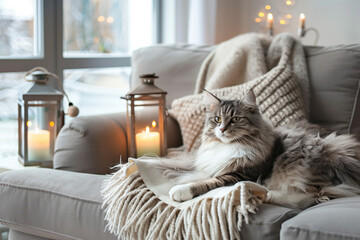 A cozy home interior with a fluffy cat sitting on a soft sofa in a modern living room. Candles and...