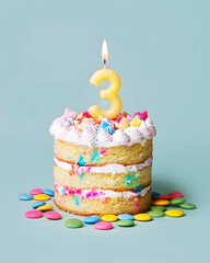A festive delicious birthday cake with number 3 candle - Three Years