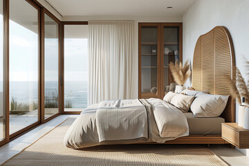 Nordic style bedroom with a wide bed, rattan headboard and wooden frame. A beige blanket is laid on the luxurious king size bed near a large window overlooking the ocean