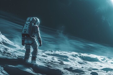 An astronaut wearing a spacesuit standing on the barren surface of the moon, A lone astronaut exploring the surface of an icy moon, AI Generated - Powered by Adobe
