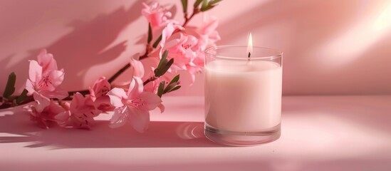 Candle mockup with pink flowers on pink table.