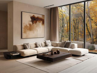 minimalist japandi style living room with large corner sofa and dark wood coffee table, modern abstract painting on wall, autumn forest outside the window, beige walls, wooden floor