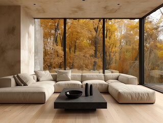 Minimalist living room with a two-seater sofa and a marble coffee table, white walls and light wood flooring.