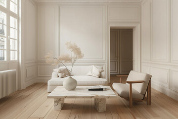 Minimalist living room with a two-seater sofa and a marble coffee table, white walls and light wood flooring.