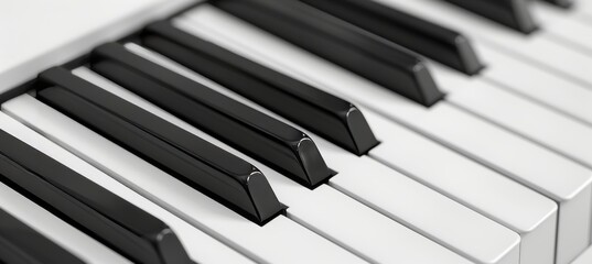 Close up monochrome image of black and white piano keyboard for music enthusiasts