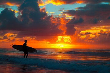 Naklejka premium A man stands on a beach, holding a surfboard in his hands, A lone surfer silhouetted against a vivid, tropical sunrise, AI Generated