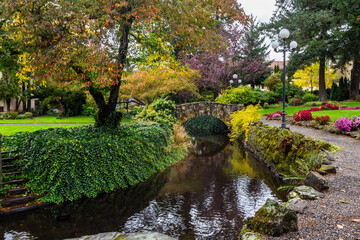 Fototapeta na wymiar Urban park in autumn season. Decorative stone bridge crossing a water stream
