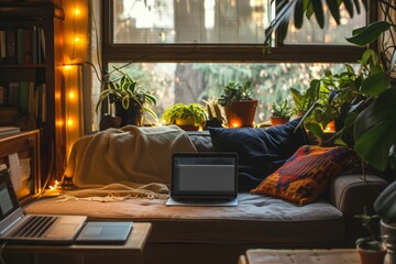 A laptop computer is placed on top of a couch, providing a convenient workspace for users, A makeshift workspace on a couch, AI Generated