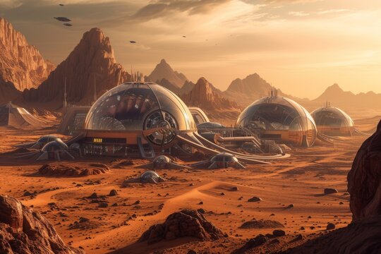 Futuristic Cityscape With Hovering Spacecraft From a Sci-Fi Movie, A Martian colony with bio-domes amidst harsh red desert landscape, AI Generated