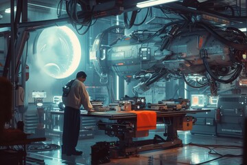 A man stands confidently in front of a large machine in a bustling factory, overseeing production, A mechanic carrying out maintenance on a spaceship in a sci-fi setting, AI Generated