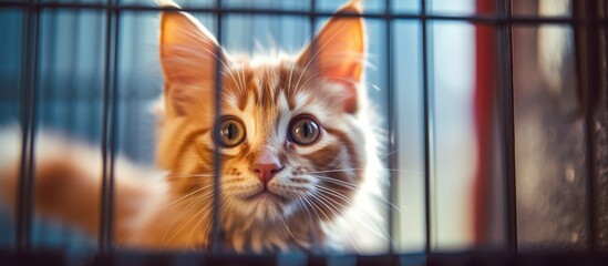A domestic shorthaired cat, a member of the Felidae family, with fawn fur and whiskers, is gazing out of a window from its cage - obrazy, fototapety, plakaty