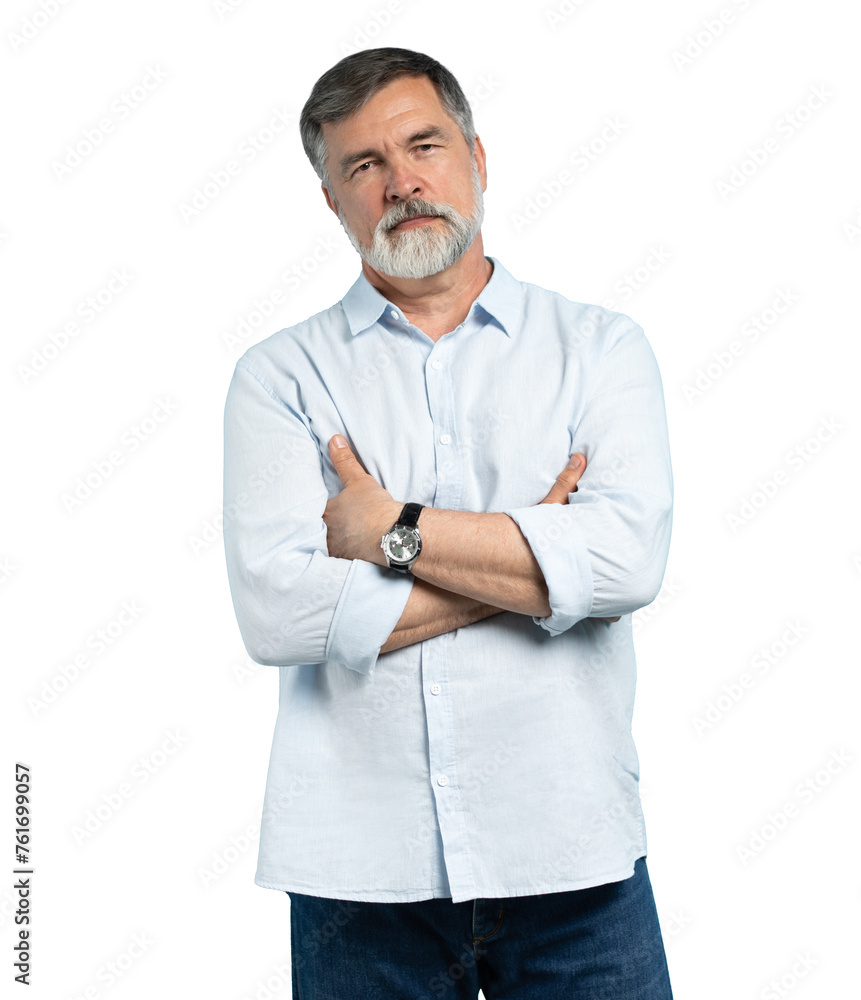 Sticker Portrait of happy casual older man smiling, Mid adult, mature age male with gray hair, Isolated on transparent background