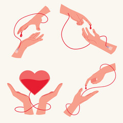 Hands of donor and recipient of blood for transfusion, vector illustrations.