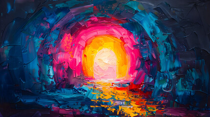 Colorful abstract art of the empty tomb of Jesus, representing Easter and the concept of resurrection.