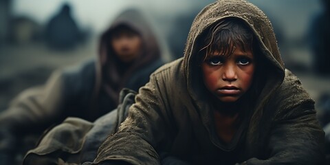 Poor young boy, neglected, dirty children. Poverty, misery, migrants, homeless people, war - obrazy, fototapety, plakaty