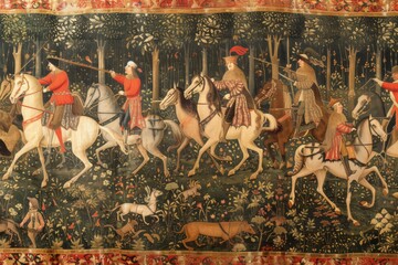 A dynamic painting depicting a collection of individuals riding on horses, A medieval hunting party, complete with hounds and horses, AI Generated - obrazy, fototapety, plakaty