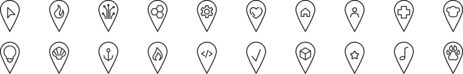 Pack of linear symbols of map pin. Editable stroke. Linear symbol for web sites, newspapers, articles book