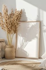  Beige wooden poster frame mockup on the floor leaning against the wall in a boho interior with pampas grass, shadows and soft light. Mock-up for design. Blank template.