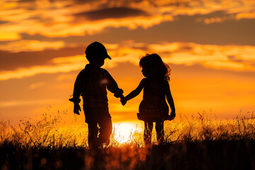 Silhouettes of a brother and sister against a sunset backdrop, capturing a moment of sibling bond