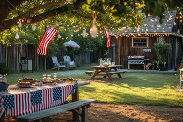 A Picnic Table With an American Flag Table Cloth, A memorial day barbecue celebration in a backyard decorated with American flags, AI Generated - obrazy, fototapety, plakaty