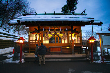 Ikaho Jinja Shrine at the top of the 365 steps stairway of the onsen town’s main street, worshiping the god of hot springs, medicine, matchmaking, and marriage, Ikaho, Gunma