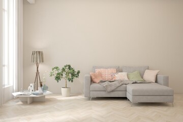 White living room with sofa. Scandinavian interior design. 3D illustration