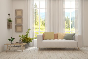 White living room with sofa. Scandinavian interior design. 3D illustration