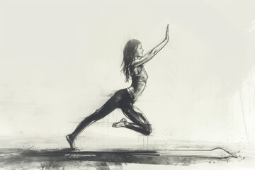 A black and white drawing showcasing a woman actively practicing various yoga poses with focused concentration and flexibility, A minimalist sketch of a woman in a yoga poses, AI Generated - obrazy, fototapety, plakaty