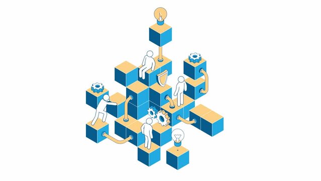 Technical development from idea to launch. Teamwork, startup. Abstract design made of cubes, icons and people. Technical cooperation. 3D isometric looping animation.