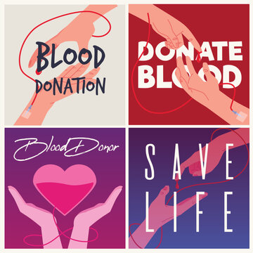 Blood donation for transfusion banners or posters bundle, flat vector illustration.