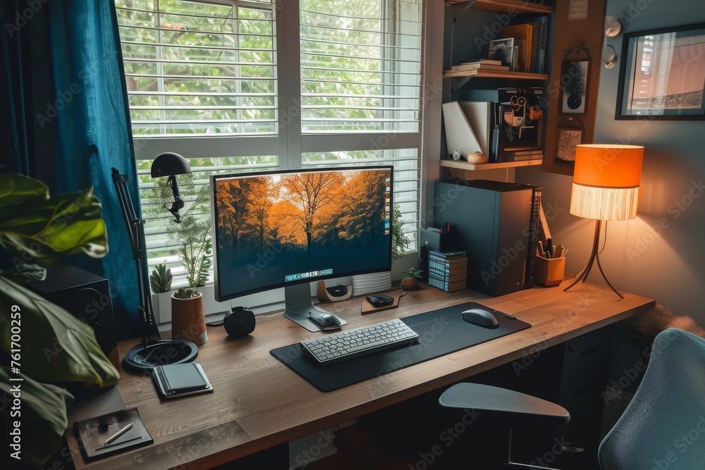 Poster a desk with a computer and a lamp, providing a workspace for productivity and illumination, a modern