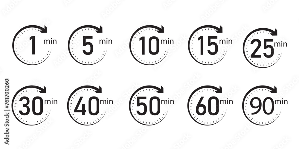 Poster set of timer, clock, stopwatch isolated set icons. kitchen timer icon with different minutes. 1, 5, 