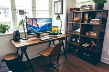 A computer sits on a desk in a well-lit room, surrounded by various office supplies and a chair, A modern and trendy home office setup, AI Generated