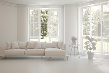 Grey living room concept with sofa and summer landscape in window. Scandinavian interior design. 3D illustration