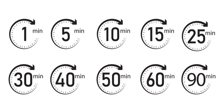 set of Timer, clock, stopwatch isolated set icons. Kitchen timer icon with different minutes. 1, 5, 10, 15, 20, 25, 30, 40, 50, 60, 90, min. Cooking time symbols. Great design for any purposes.