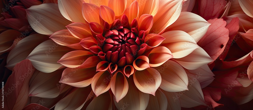 Sticker Closeup of a dahlia flower with a vibrant red center, showcasing its intricate petals. This annual plant belongs to the daisy family and is perfect for macro photography or floral design